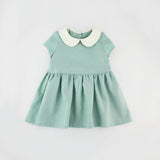 blue short sleeve dress with white peter pan collar pattern