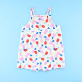 back of Poppy Romper Playsuit with ruffles in a strawberry candy print fabric