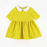 Mustard Yellow Long Sleeve Peter Pan Collar Dress on a White Background