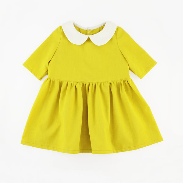 Mustard Yellow Long Sleeve Peter Pan Collar Dress on a White Background 
