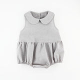 grey linen peter pan collar romper on white background