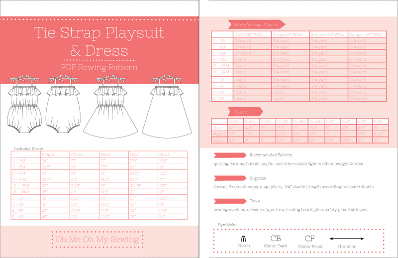 Sewing Pattern Flats, Size chart, Fabric and Material Requirements