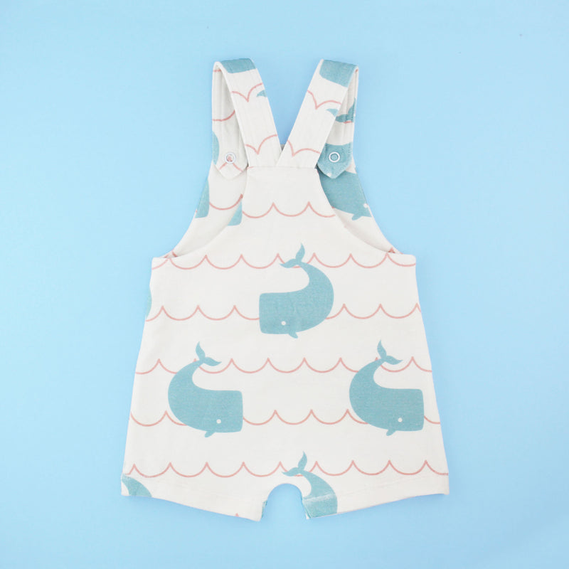 The back of the knit overalls romper pdf sewing pattern on a blue background