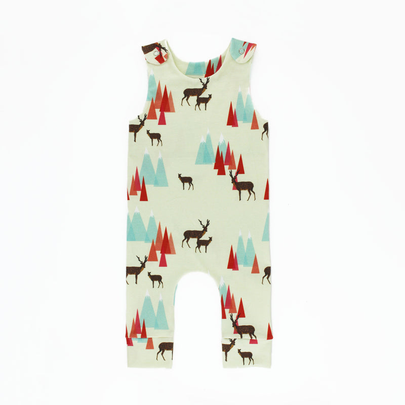 Woodland Romper Sewing Pattern sewn in a mountain and deer print