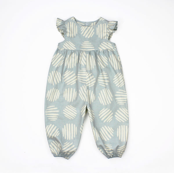 Flutter Sleeve Bubble Pants Romper in Abstract Blue Fabric