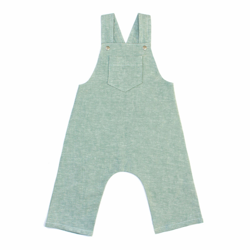 Long Pants Overalls Sewing Pattern in green linen on white background