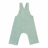 Long Pants Overalls Sewing Pattern in green linen on white background