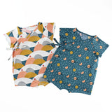 Wrap Up Romper in a Mustard and Coral Mountain Fabric and a Navy Moon Fabric