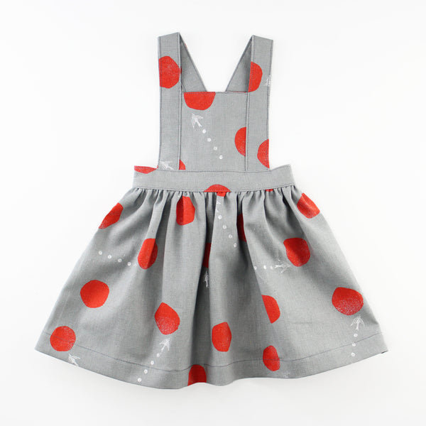 Baby Pinafore Dress in grey linen with red polka dots