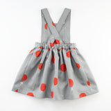back of Baby Pinafore Dress in grey linen with red polka dots