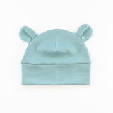 baby hat with bear ears in blue knit fabric