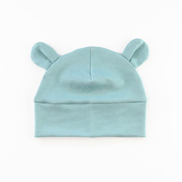 baby hat with bear ears in blue knit fabric
