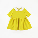 Mustard Yellow Long Sleeve Peter Pan Collar Dress on a White Background 
