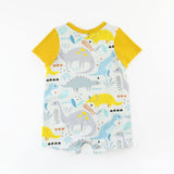 Back of T-Shirt Romper in Dinosaur Fabric with a Yellow Sleeve and Band