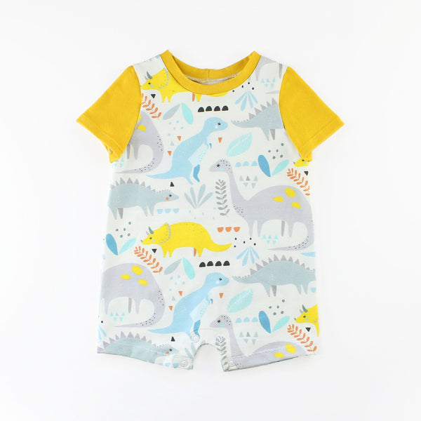 T-Shirt Romper in Dinosaur Fabric with a Yellow Sleeve and Band