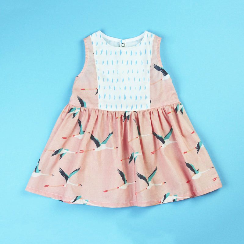 flamingo dress sewing project with boat neckline and contrast panel