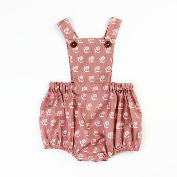 Overall Shortie Sewing Pattern sewn in maroon floral fabric on white background