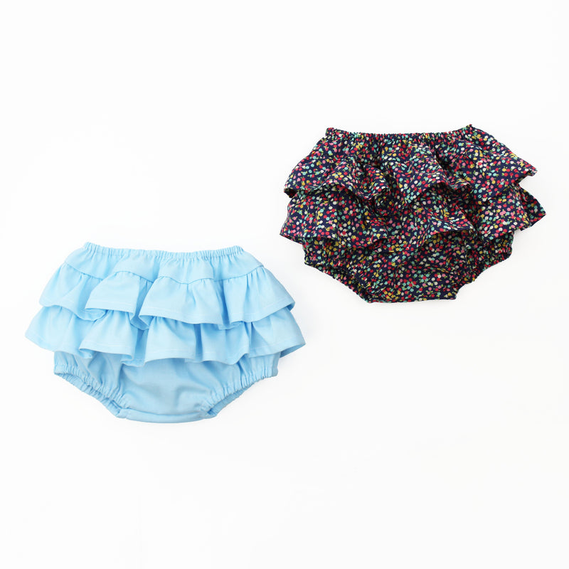 ruffle baby bloomers sewn in floral and blue fabrics